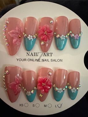 NAILA Pink & Turquoise 3D Floral Press-On Nail Set